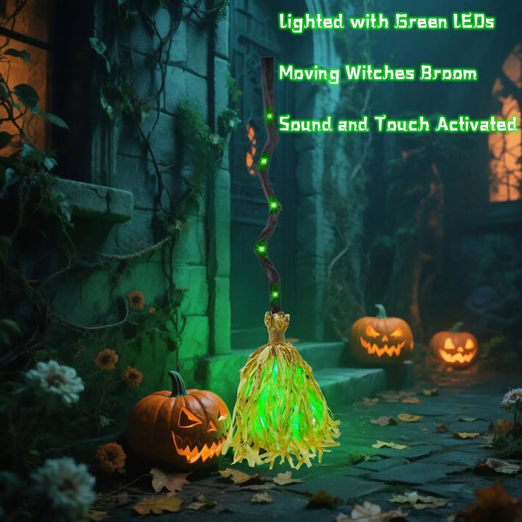 2025 LED Halloween Witch Broom With Sound Spooky Lighted Moving Broom Halloween Dancing Witch Broom For Door Porch House