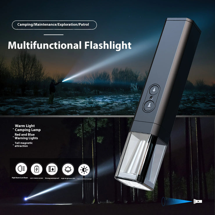 2025 10000Lums Dual Light Source Flashlight with Power Bank Function Built in Battery Camping Flash light with warning light