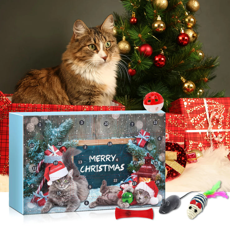 24pcs 2025 Christmas Festival Cat Advents Calendar Play Toys Countdown Surprise Present Box Decorations Gifts Teasing Stick Pet