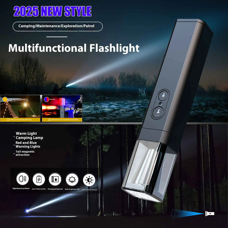 2025 10000Lums Dual Light Source Flashlight with Power Bank Function Built in Battery Camping Flash light with warning light