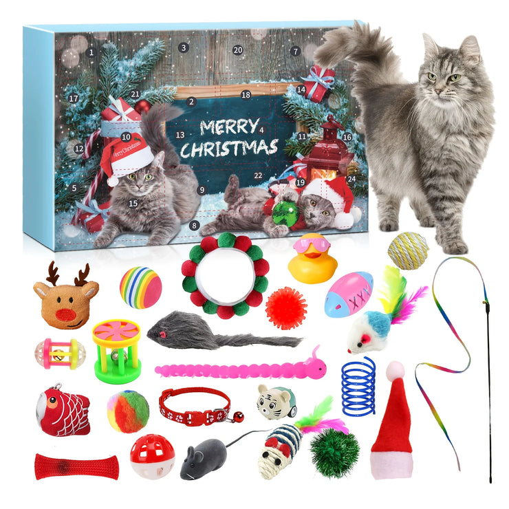 24pcs 2025 Christmas Festival Cat Advents Calendar Play Toys Countdown Surprise Present Box Decorations Gifts Teasing Stick Pet