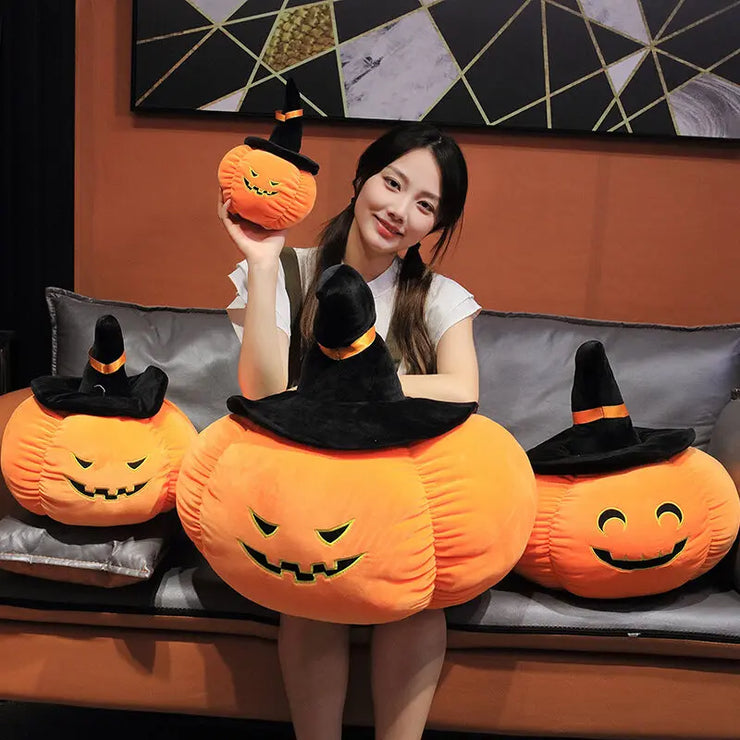 2025 Happy Halloween Party Wearing Hat Pumpkin Demon Doll Stuffed Soft Halloween Plush Toy PP Cotton Funny Pumpkin Throw Pillow