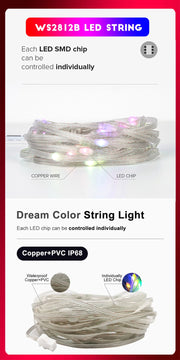 Christmas Tree Lights Outdoor Indoor, 100LED 10M WS2812B RGBIC Lights, String Lights IP65 Waterproof Bluetooth Fairy LED String