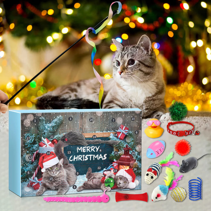 24pcs 2025 Christmas Festival Cat Advents Calendar Play Toys Countdown Surprise Present Box Decorations Gifts Teasing Stick Pet