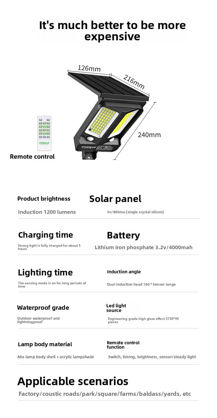 2025 1200LM High Power Solar Led Light Outdoor Powerful Outdoor Motion Sensor Solar Lamp Waterproof Garden Wall Yard Street Lamp