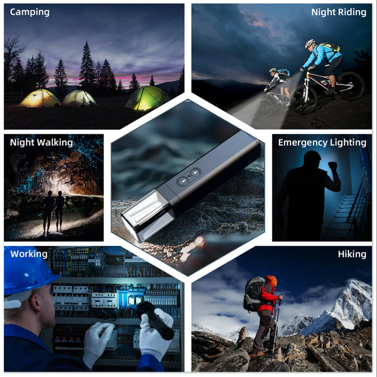 2025 10000Lums Dual Light Source Flashlight with Power Bank Function Built in Battery Camping Flash light with warning light