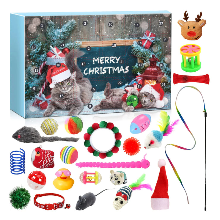 24pcs 2025 Christmas Festival Cat Advents Calendar Play Toys Countdown Surprise Present Box Decorations Gifts Teasing Stick Pet