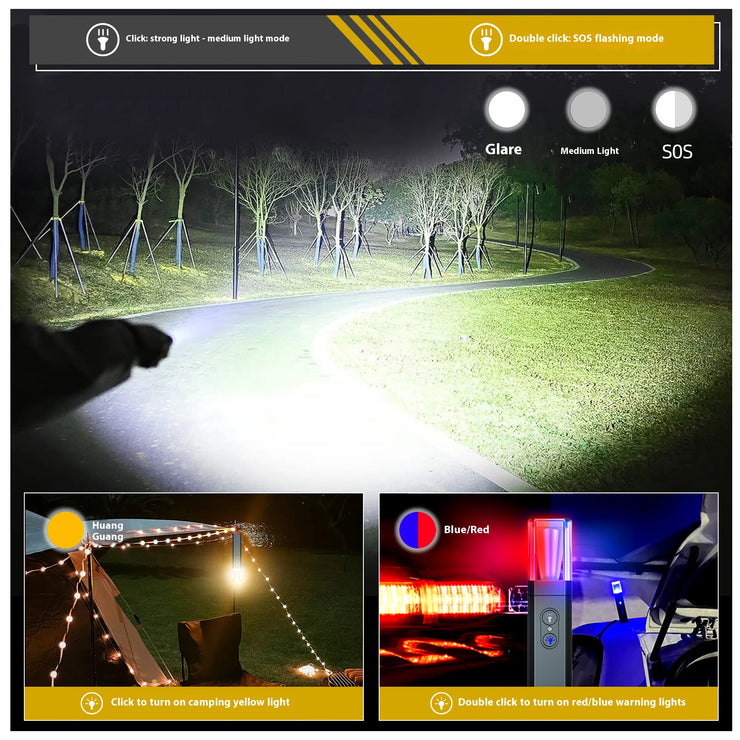 2025 10000Lums Dual Light Source Flashlight with Power Bank Function Built in Battery Camping Flash light with warning light