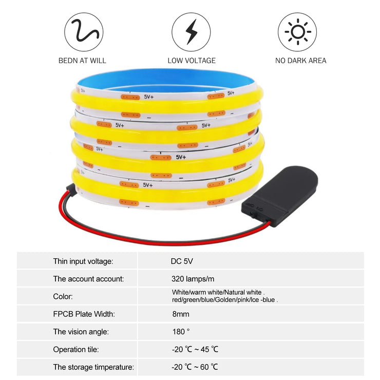 CR2025 Powered COB LED Light Strip 5V 8mm PCB Flexible Tape Ribbon Night Lamp TV Backlights Warm/White/Red/Green/Pink/Ice Blue