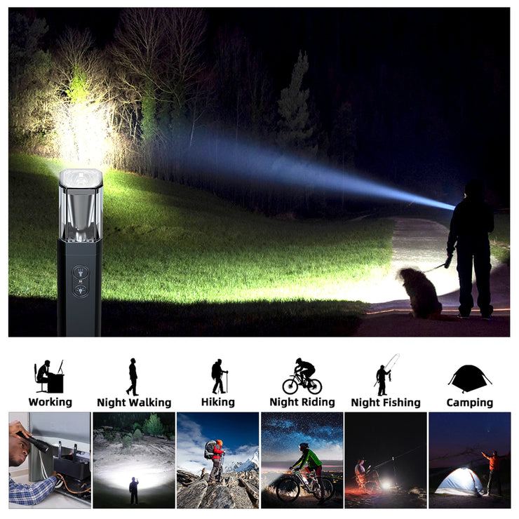 2025 10000Lums Dual Light Source Flashlight with Power Bank Function Built in Battery Camping Flash light with warning light