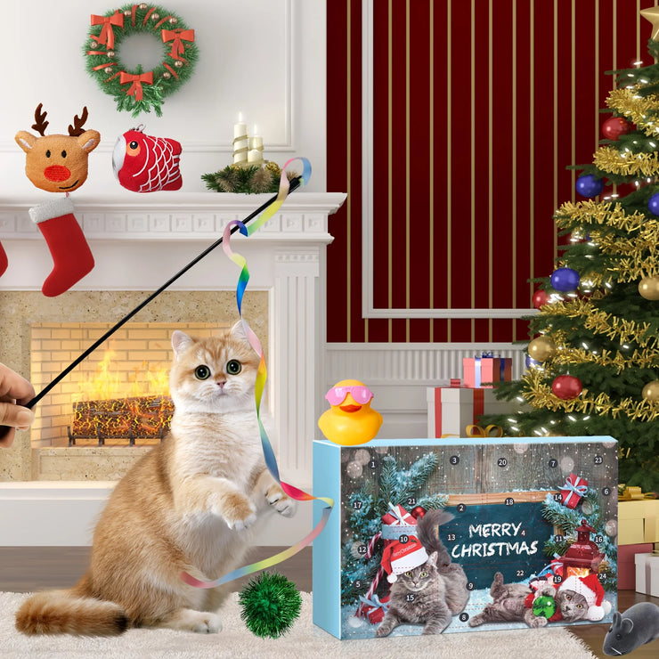 24pcs 2025 Christmas Festival Cat Advents Calendar Play Toys Countdown Surprise Present Box Decorations Gifts Teasing Stick Pet