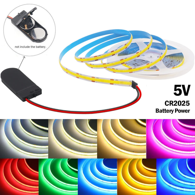 CR2025 Powered COB LED Light Strip 5V 8mm PCB Flexible Tape Ribbon Night Lamp TV Backlights Warm/White/Red/Green/Pink/Ice Blue