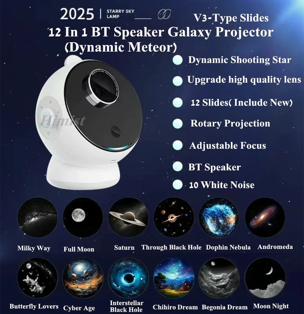 2025 Dynamic Meteor 12 in 1 Ultra Clear Galaxy Projector Lamp Rotary Planetarium Projector Light with Music Player for Kids Gift